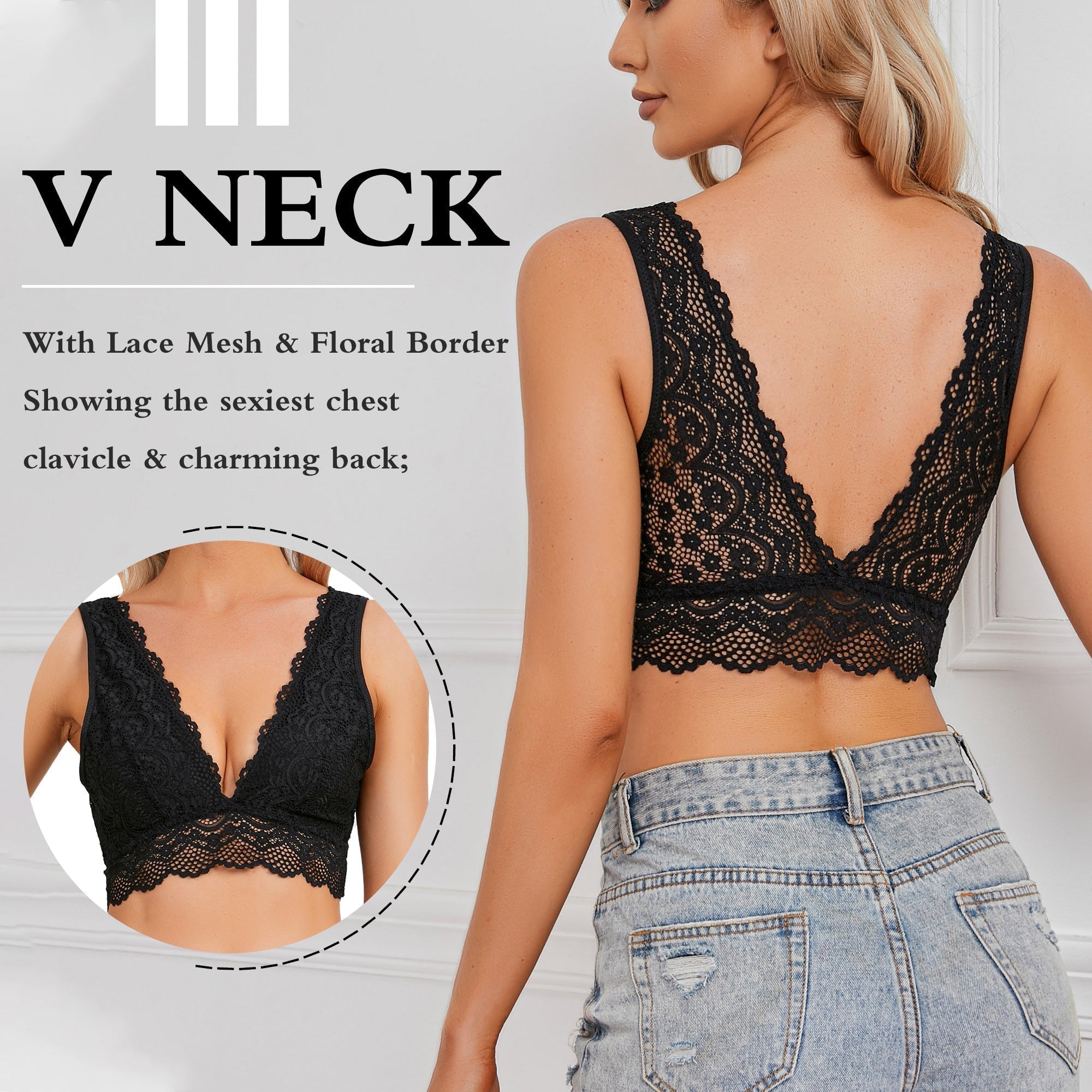 YIANNA Lace Bralette, Women's Deep V Neck Unpadded Lace Long Line Plunge Bralette Bra