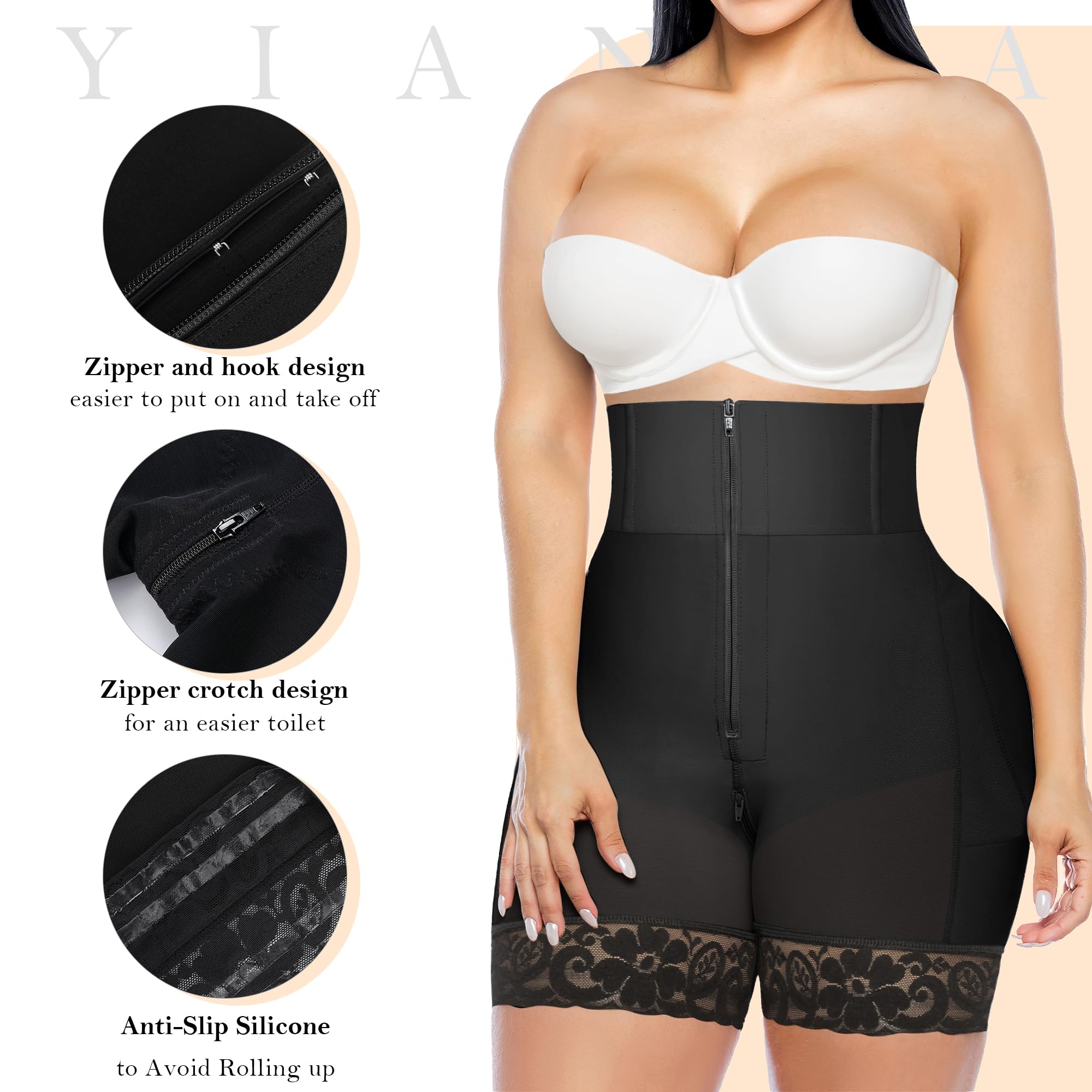 YIANNA Shapewear for Women Tummy Control Strapless Fajas Colombianas Body Shaper Shorts Butt Lifter with Zipper Crotch
