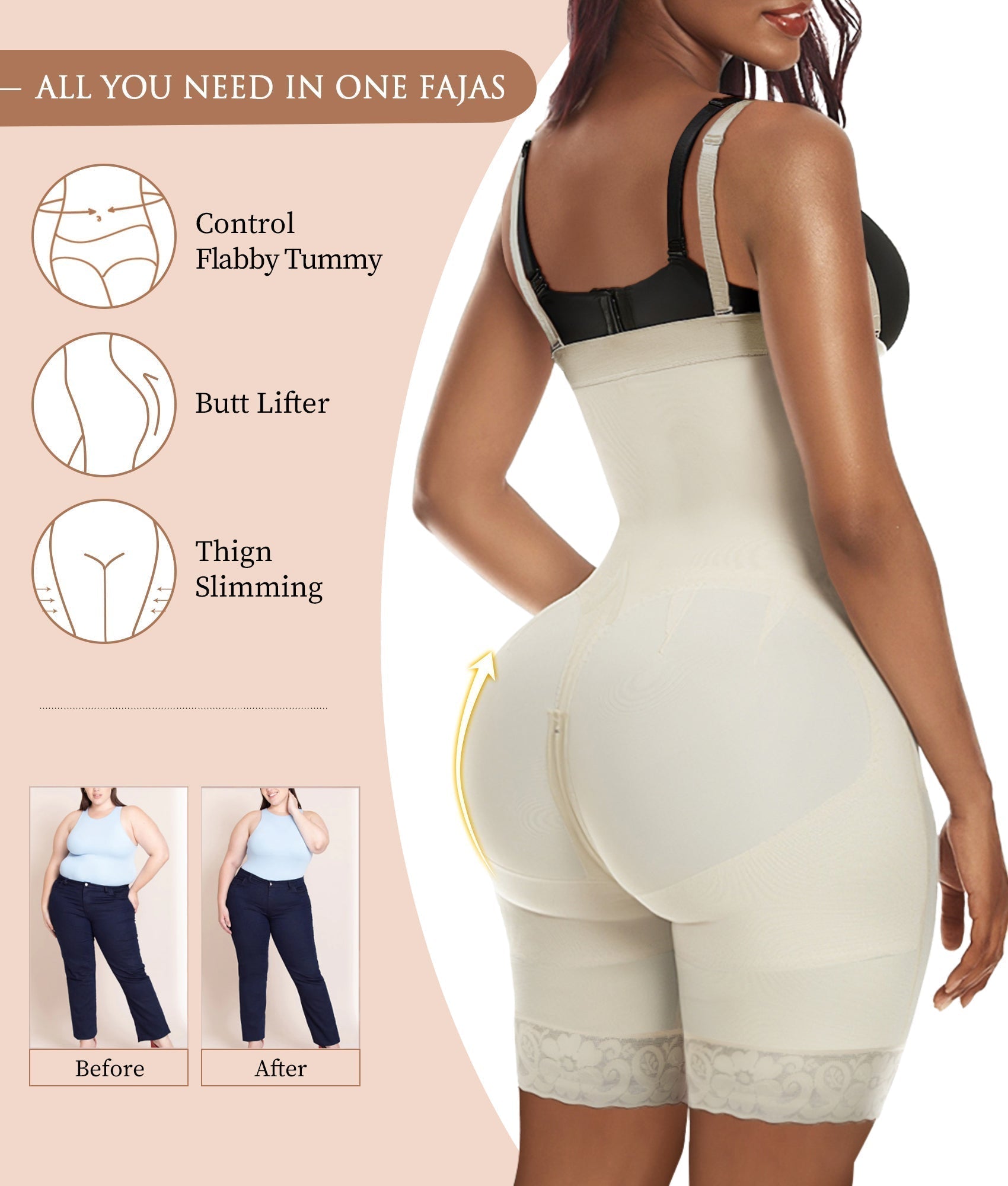 YIANNA Fajas Colombianas Shapewear for Women Tummy Control Body Shaper Butt Lifter with Zipper Crotch